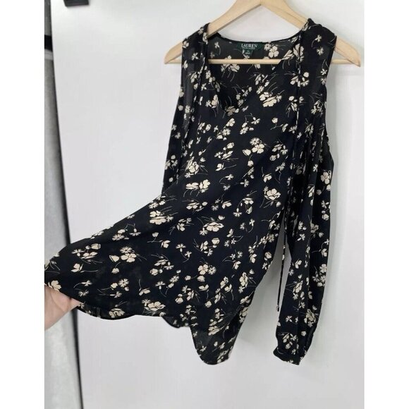 Lauren Ralph Lauren Chalsie Black Floral Print Blouse Cold Shoulder Top Size PL - Picture 9 of 14